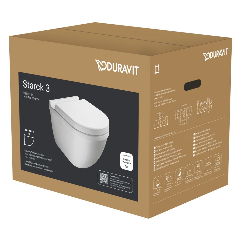 Duravit Starck 3 WC-Set suspendu. WC suspendu, abattant WC, blanc brillant, sans rebord, évacuation horizontale, chasse d'eau 4,5L