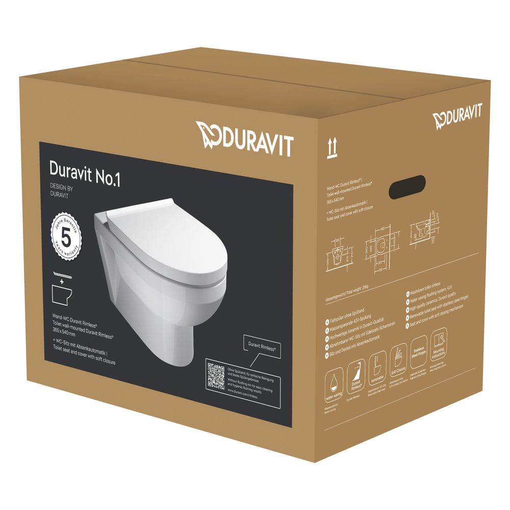 Duravit No.1 WC-Set mural. WC suspendu, abattant, blanc brillant, sans rebord, évacuation horizontale, chasse d'eau 4,5 L