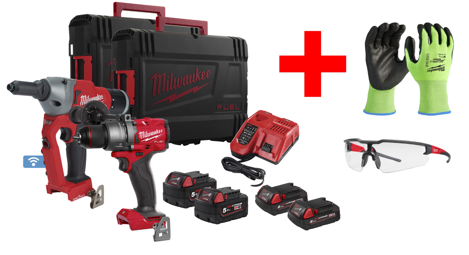Set Milwaukee M18ONEPP2V-524X : Riveteuse aveugle et perceuse-visseuse à percussion avec accessoires