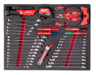 Insert 36 pièces Milwaukee MAX BITE pour chariot d'atelier – clés à fourche, éclairage, outils de coupe et de mesure — lot de 36