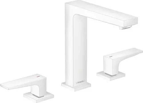 Robinetterie de lavabo 3 trous Hansgrohe Metropol 160, Blanc mat avec leviers, évacuation Push-Open