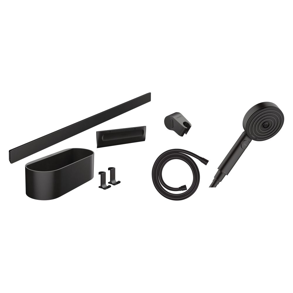 Pack Hansgrohe WallStoris : Pommeau de douche 105 mm 3 jets 8,5 l/min Activation EcoSmart, noir mat, barre de douche murale 700 mm et set d'accessoires