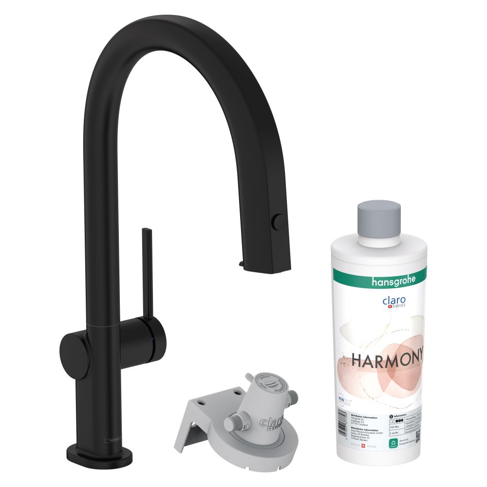 Hansgrohe Aqittura FilterSystem M91, Mitigeur de cuisine à levier unique 210 mm 6,5 l/min Bec extractible, jet unique, sBox, Kit de démarrage, Noir mat