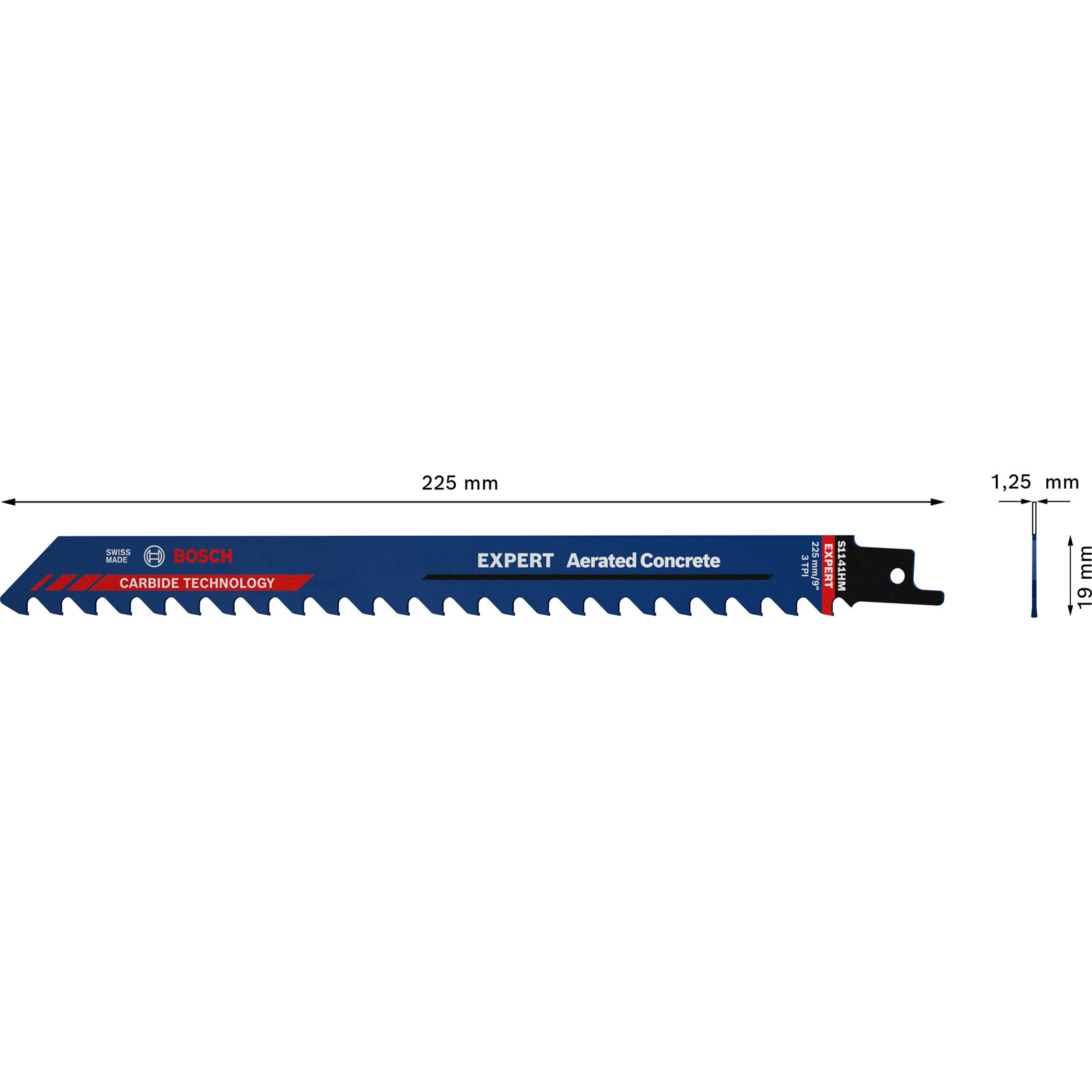 Lame de scie sabre Bosch Expert pour béton cellulaire L.225mm B.19mm TPI 3 8,5mm 1 pièce/carte
