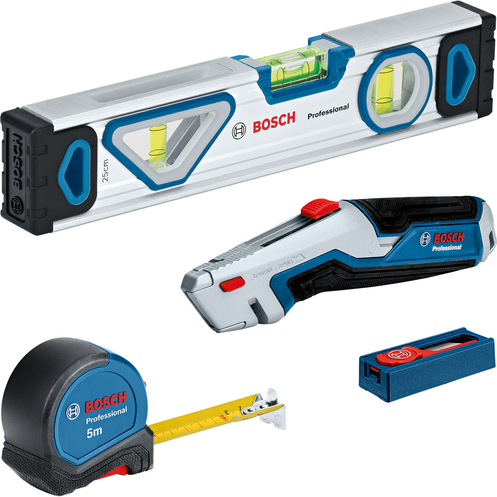 Bosch Professional Outillage de bricolage 13tlg. Cutter universel Règle à mesurer Niveau à eau — lot de 13 pièces
