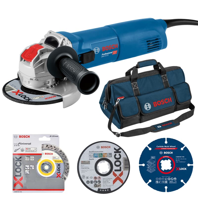 Smerigliatrice angulaire Bosch BAUKIT GWX 10-125 X-Lock avec accessoires et sac inclus