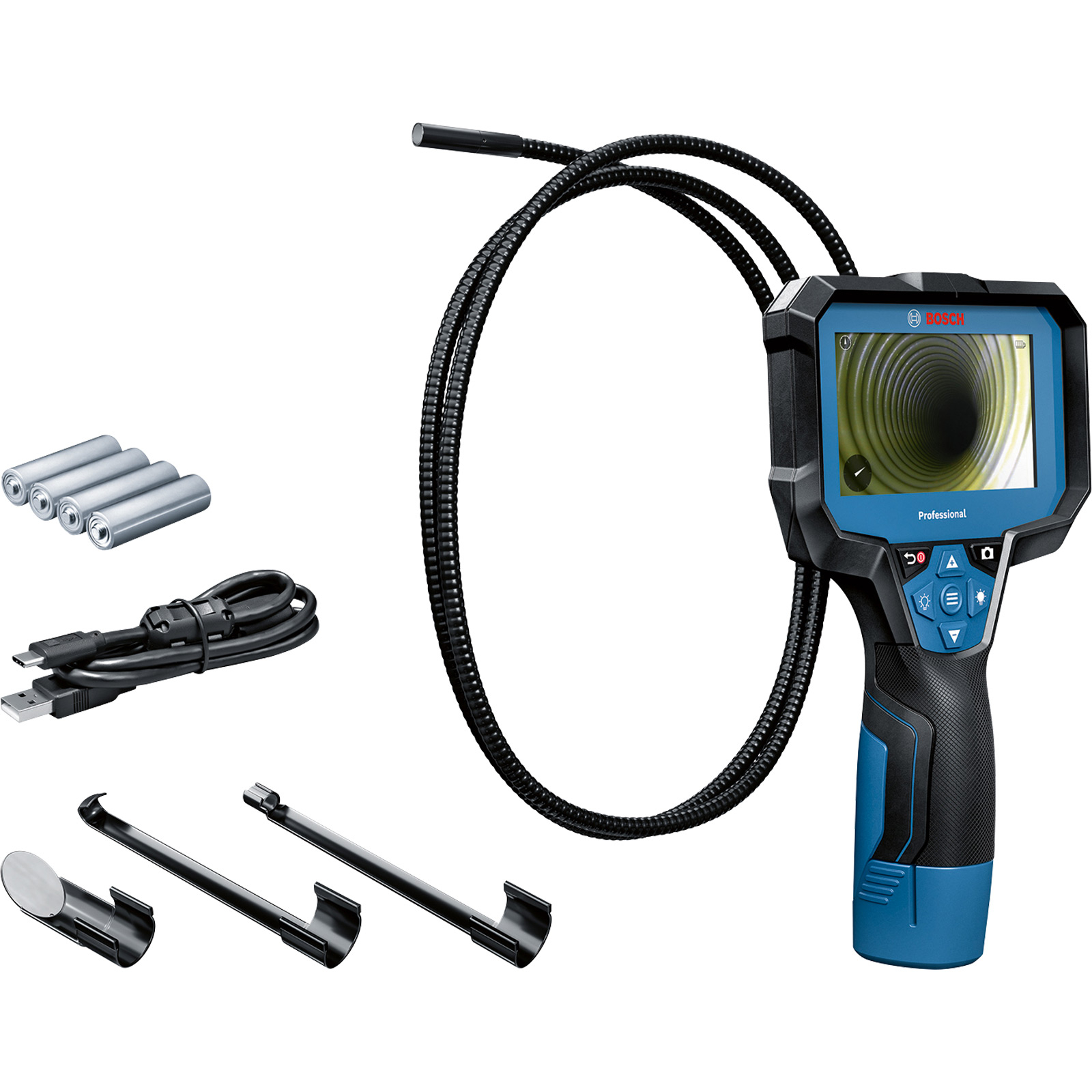 Caméra d'inspection Bosch GIC 12V-4-23 C, 4 piles LR6 de 1,5 V et adaptateur pour piles