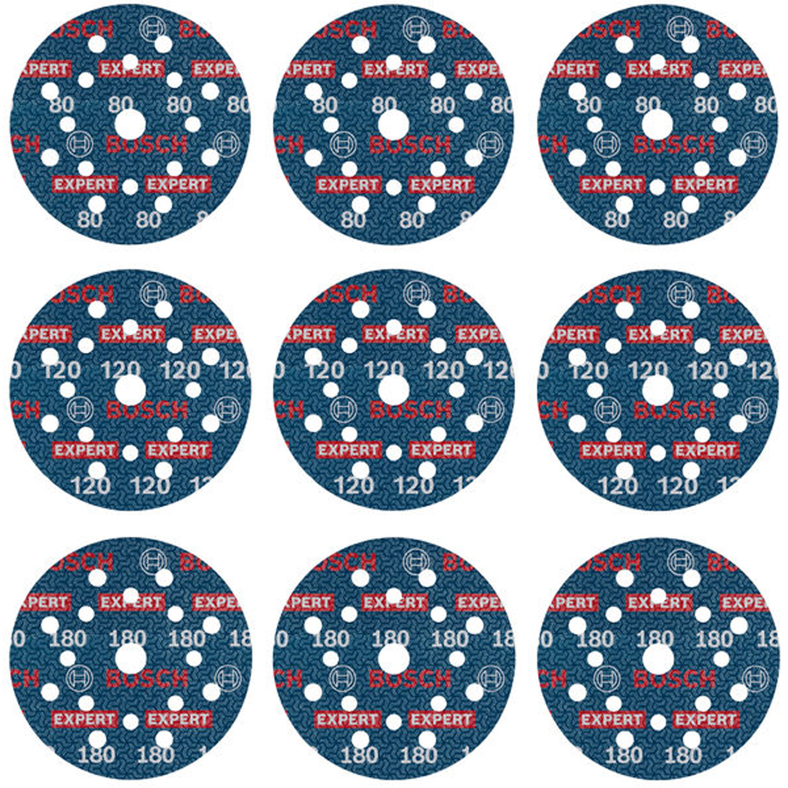 Bosch EXPERT O780 Jeu de disques de poncage en feuilles, 125 mm, G80 (3x); G120 (3x); G180 (3x), 9 pièces