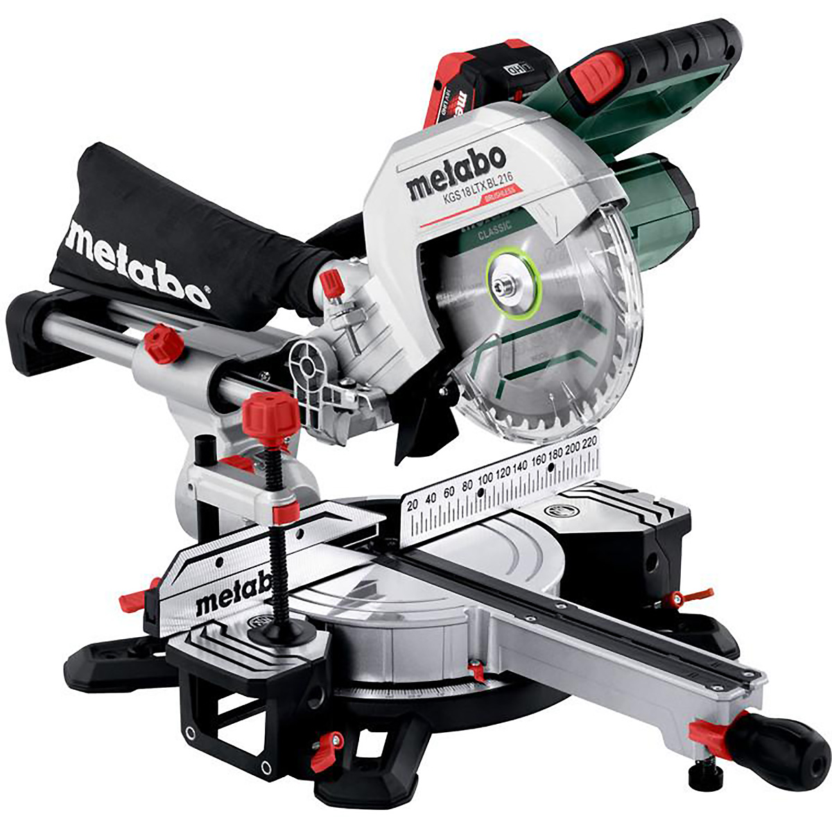 Scie à onglet sur batterie Metabo KGS 18 LTX BL 216 avec fonction de traction - 18V 2x8Ah LiHD + ASC 145