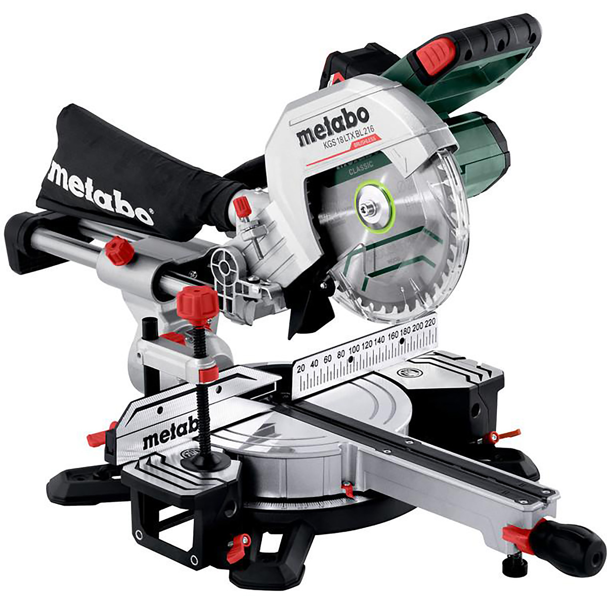 Scie à onglet sans fil Metabo KGS 18 LTX BL 216 avec fonction de traction - 18V 2x5,2Ah Li-Power + ASC 55