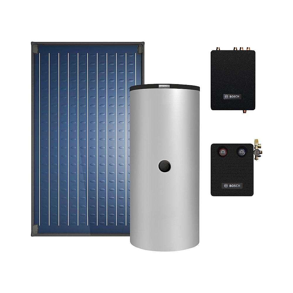 Bosch Solar-Basic-Paket Jupa SO595, 4x capteur solaire SO5000 TFV, sur toiture, station d'eau chaude sanitaire FF 20, ballon tampon 750L, SM 3-1