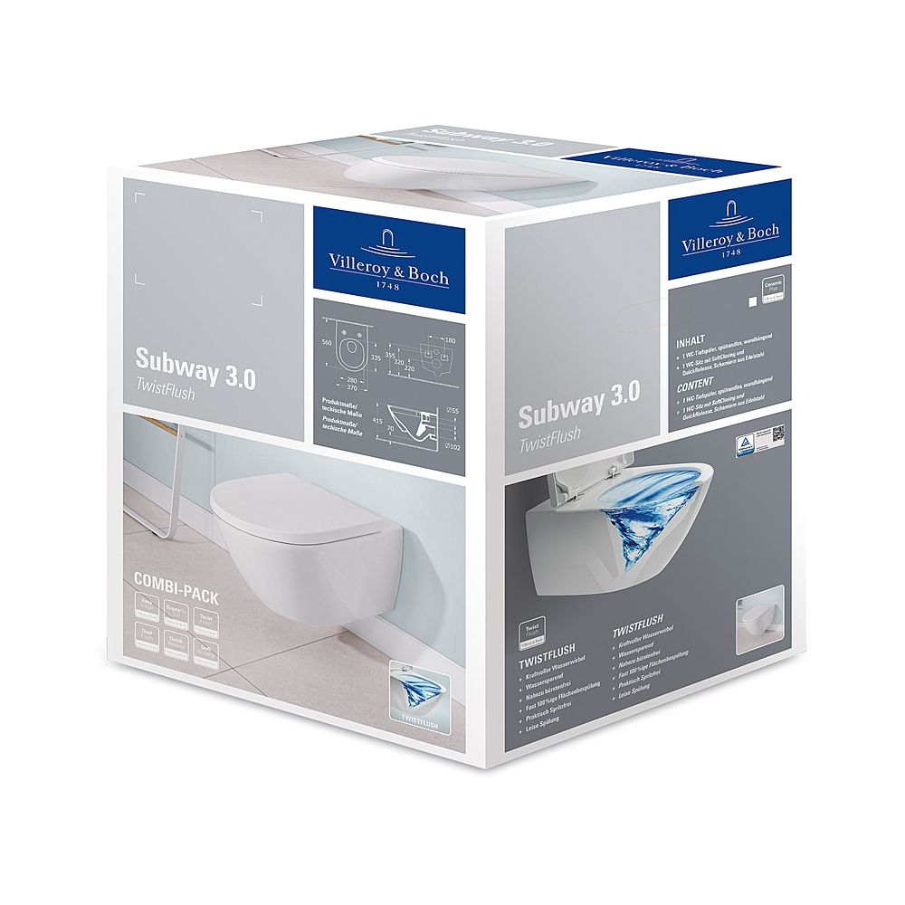 Pack Combi Subway 3.0 WC ovale mural 370x560x360 mm avec sortie horizontale et chasse d'eau, blanc Alpin CeramicPlus