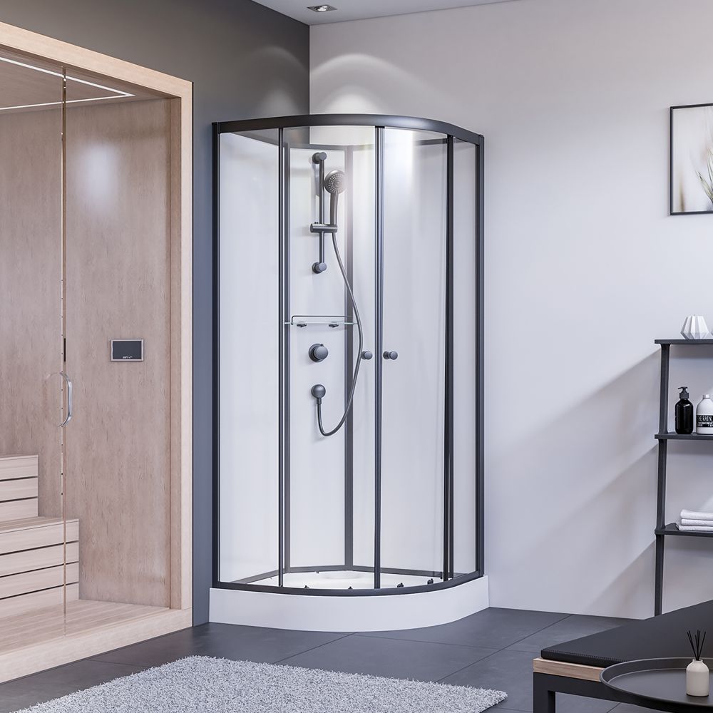 Douche complète Breuer en forme de cercle avec porte coulissante 900x900 mm, rayon 550 mm, parois arrière blanches, noir mat