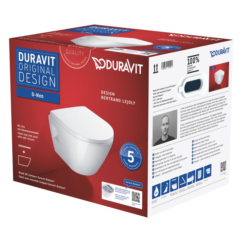 Duravit Set WC suspendu D-Neo, WC suspendu, blanc brillant, sans rebord, sortie horizontale, chasse d'eau 4,5 L