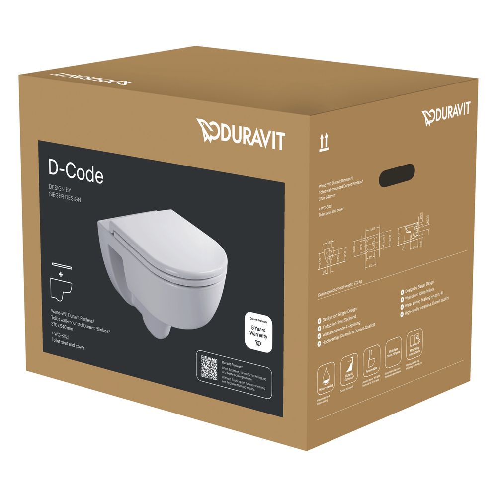 Duravit D-Code WC mural WC-Set blanc brillant 4L sans abattant automatique chasse profonde sans rebord horizontal
