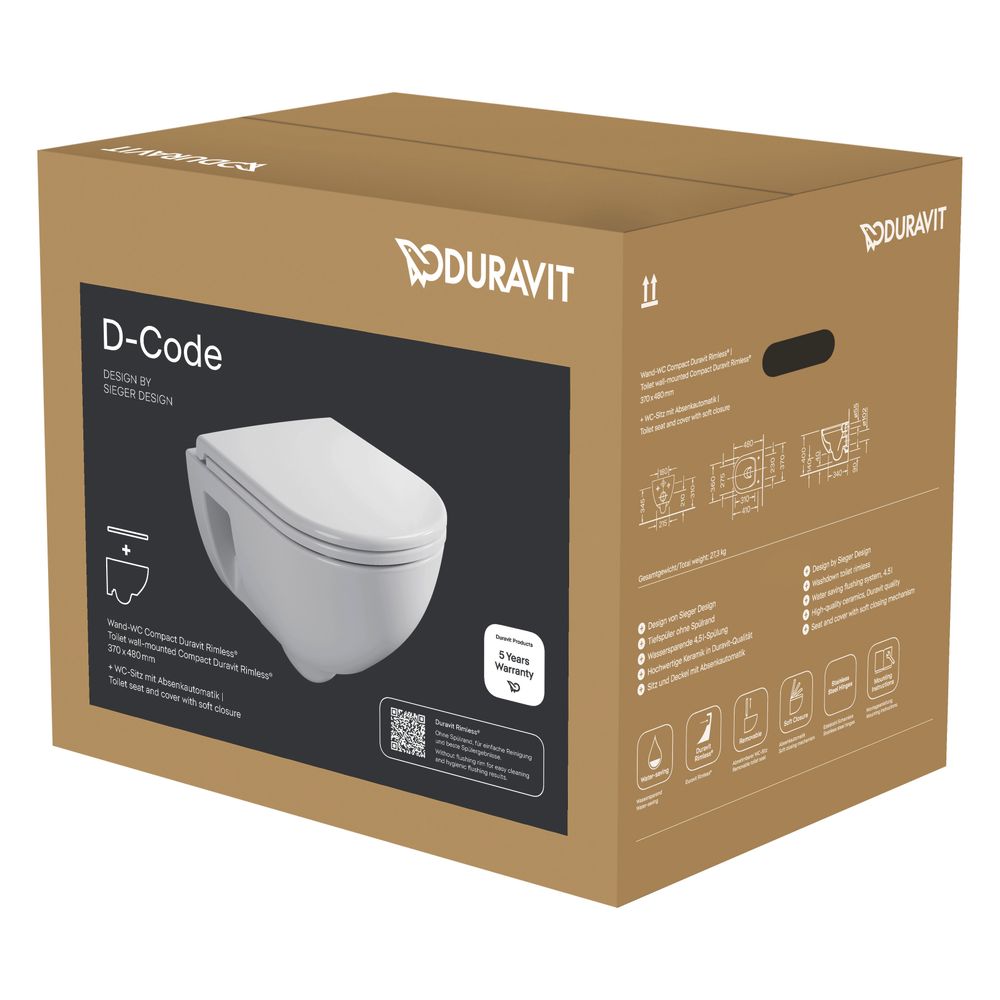 Duravit WC Set D-Code 2.0 mural compact avec chasse d'eau intégrée, incl. abattant avec fermeture automatique, blanc brillant