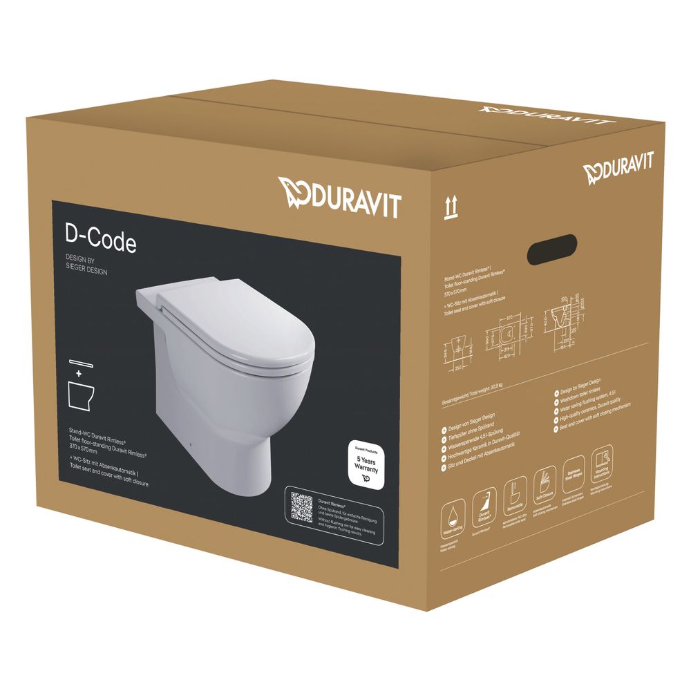 Kit WC Duravit D-Code avec cuvette à poser, abattant à fermeture automatique, chasse d'eau rimless 4,5 L