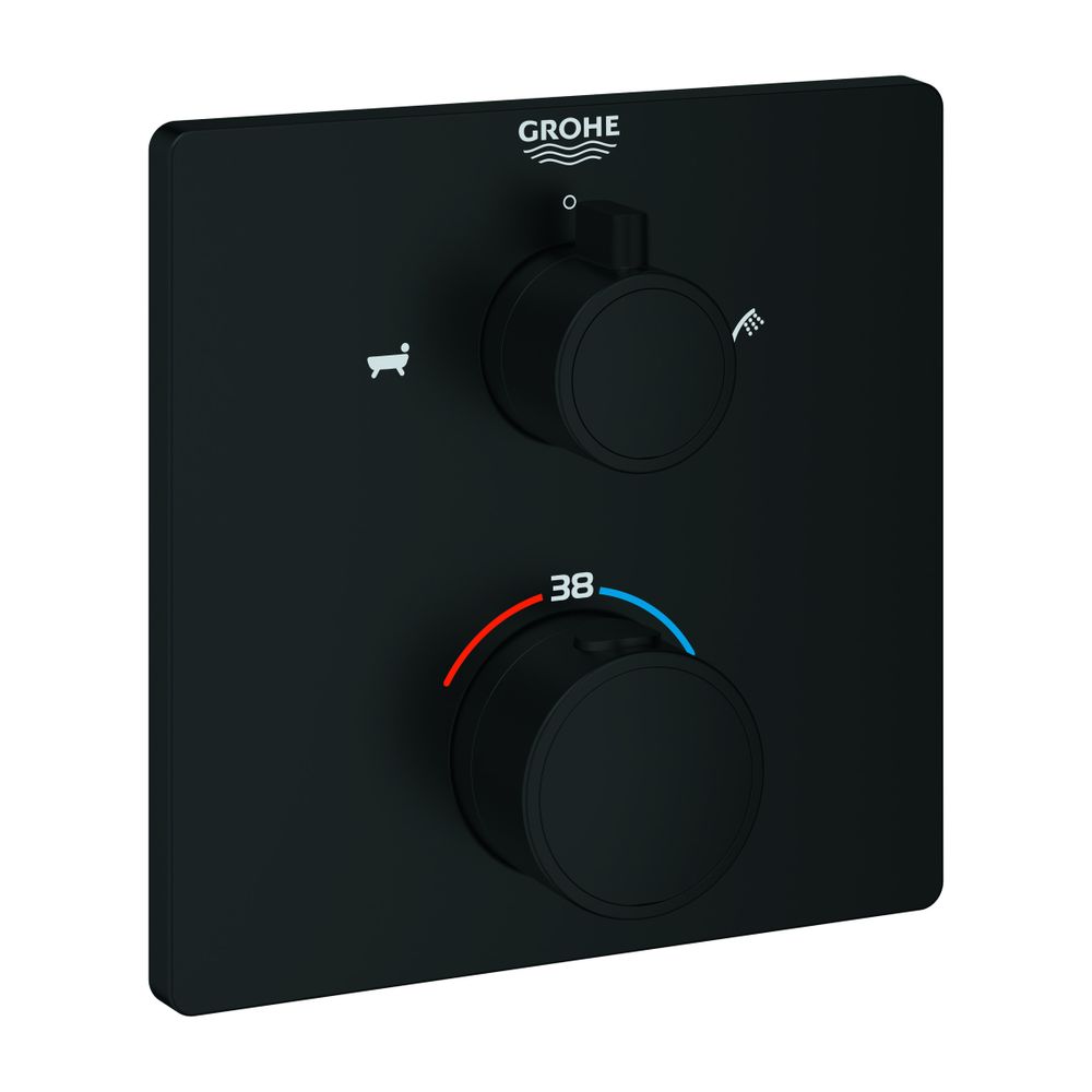 Grohe Grohtherm Robinet mitigeur de baignoire thermostatique, angulaire, avec inverseur 2 voies intégré, kit de montage prêt à poser pour Rapido SmartBox, noir mat