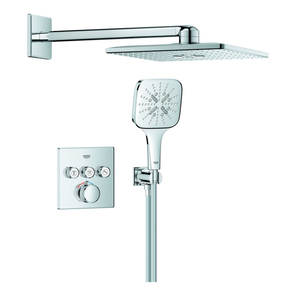 Système de douche Grohe Grotherm SmartControl UP, modèle cubique 8 côtés, Rainshower SmartActive 310 Cube, mitigeur thermostatique 3 voies, pommeau fixe et pommeau de douche manuel