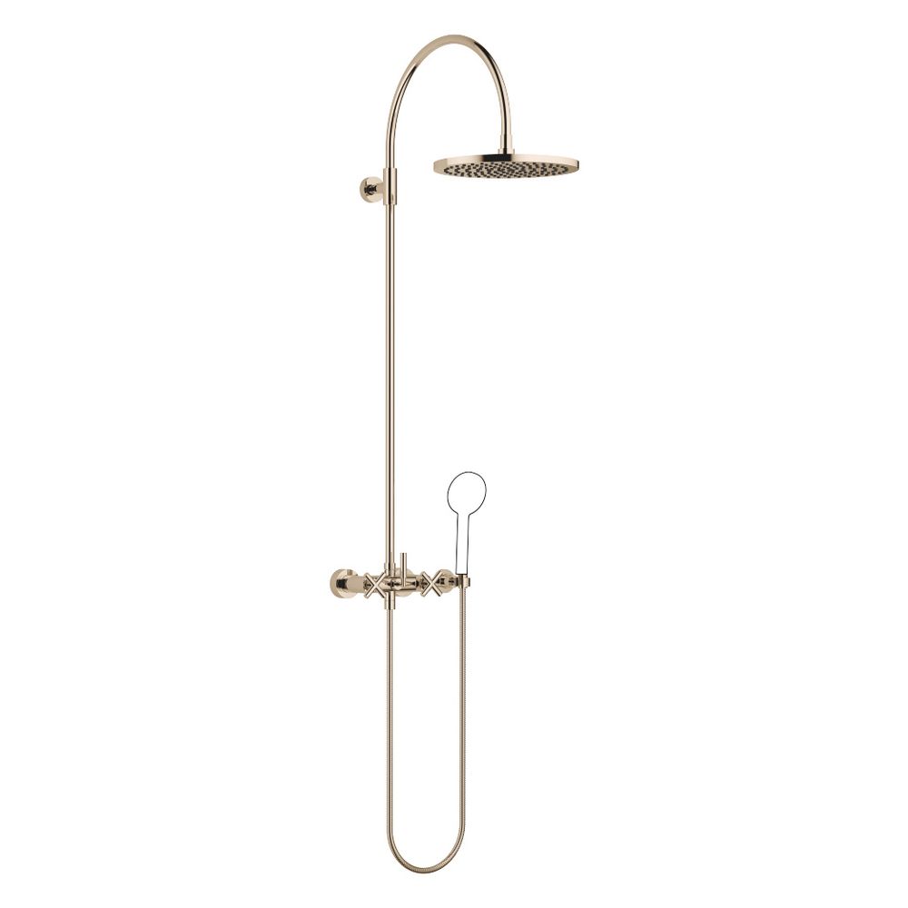 Colonne de douche Dornbracht Tara avec mitigeur intégré, sans pommeau manuel, 420 mm, pommeau de tête 300 mm, 14 l/min, or 22 carats champagne