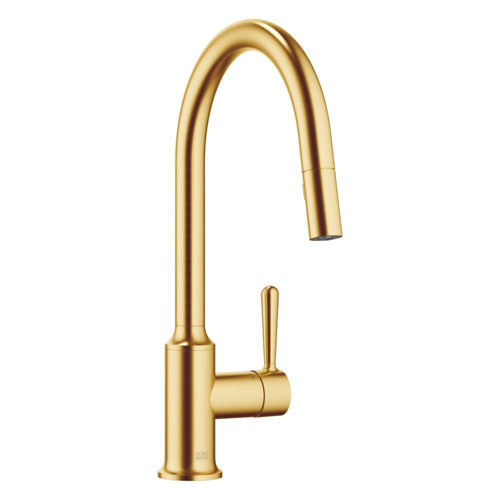 Mitigeur monocommande Vaia Pull-down Dornbracht avec fonction douchette, portée 240 mm, débit max. 8 l/min, laiton brossé or 23 carats