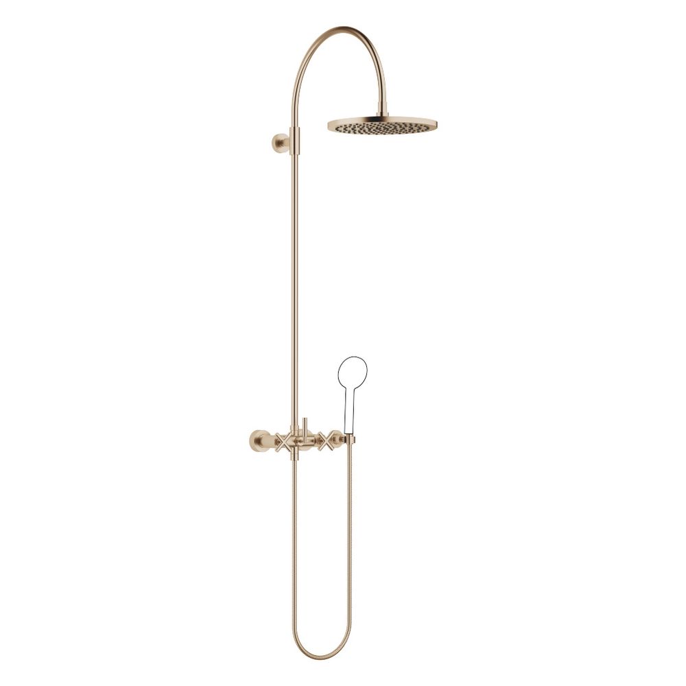 Colonne de douche Dornbracht Tara avec mitigeur intégré, sans pommeau manuel, 420 mm, pommeau de tête 300 mm, 14 l/min, or brossé