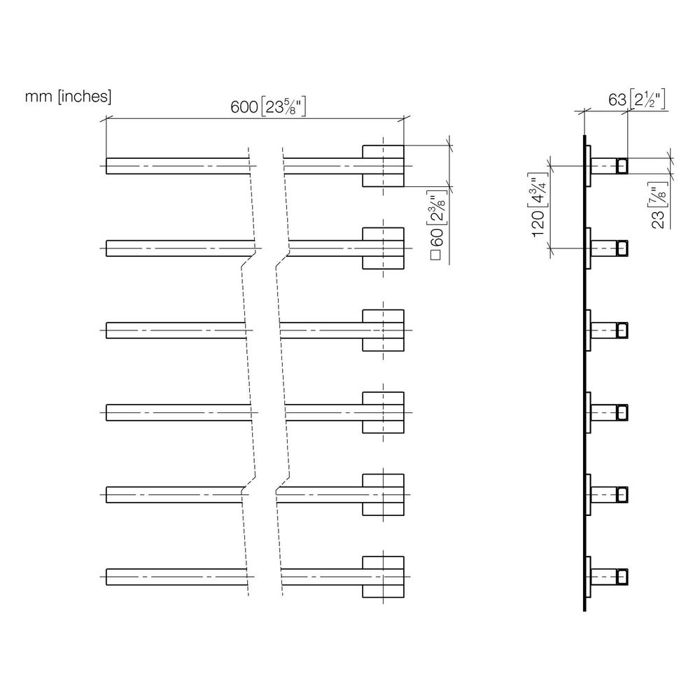 Sèche-serviettes Dornbracht 6 barres avec sortie à gauche sans élément de commande IP 44 600x660x63 mm 90 W, Noir mat