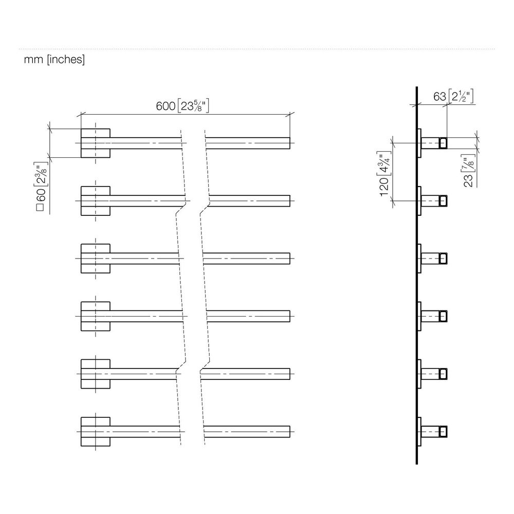 Sèche-serviettes Dornbracht 6 barres sortie droite sans élément de commande IP 44 600x660x63 mm 90 W, noir mat