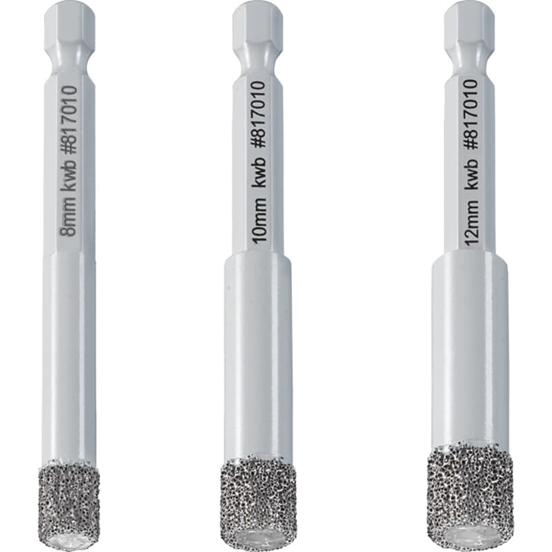 Set de scies diamantées KWB pour coupe à sec, 1/4" E6.3, Ø 8, 10, 12 mm