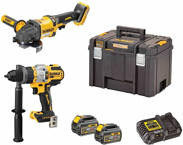 Set DEWALT DCD999 (perceuse-visseuse à percussion sans fil 18V) + DCG418 (meuleuse d'angle sans fil) avec batteries et chargeur