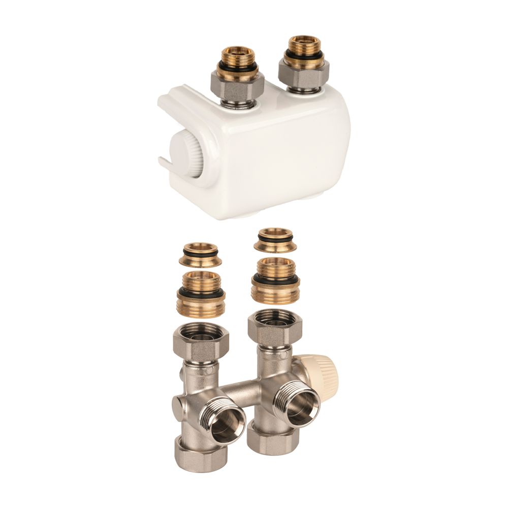 Bloc H Resideo avec vanne thermostatique Therafix Universal, 2 tubes, 3/4", Blanc