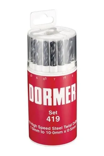 Jeu de forets hélicoïdaux Dormer A191 DIN 338 Type N (Ø 1-10 mm, pas 0,5 mm, acier rapide HSS, 19 pièces, boîte ronde)