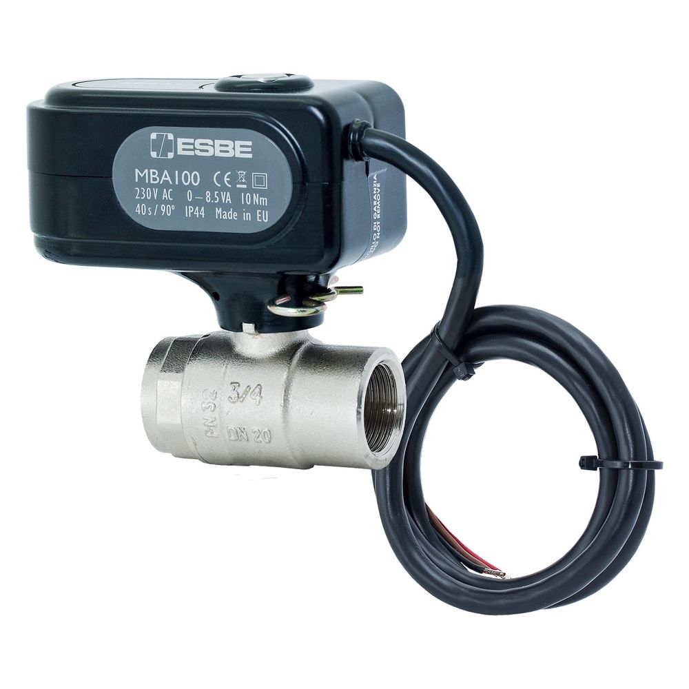 Robinet motorisé à bille Esbe MBA121 en tant que vanne de zone 2 voies 2 points, DN 32, Kvs 100, filetage intérieur 1 1/4", 230V, laiton nickelé