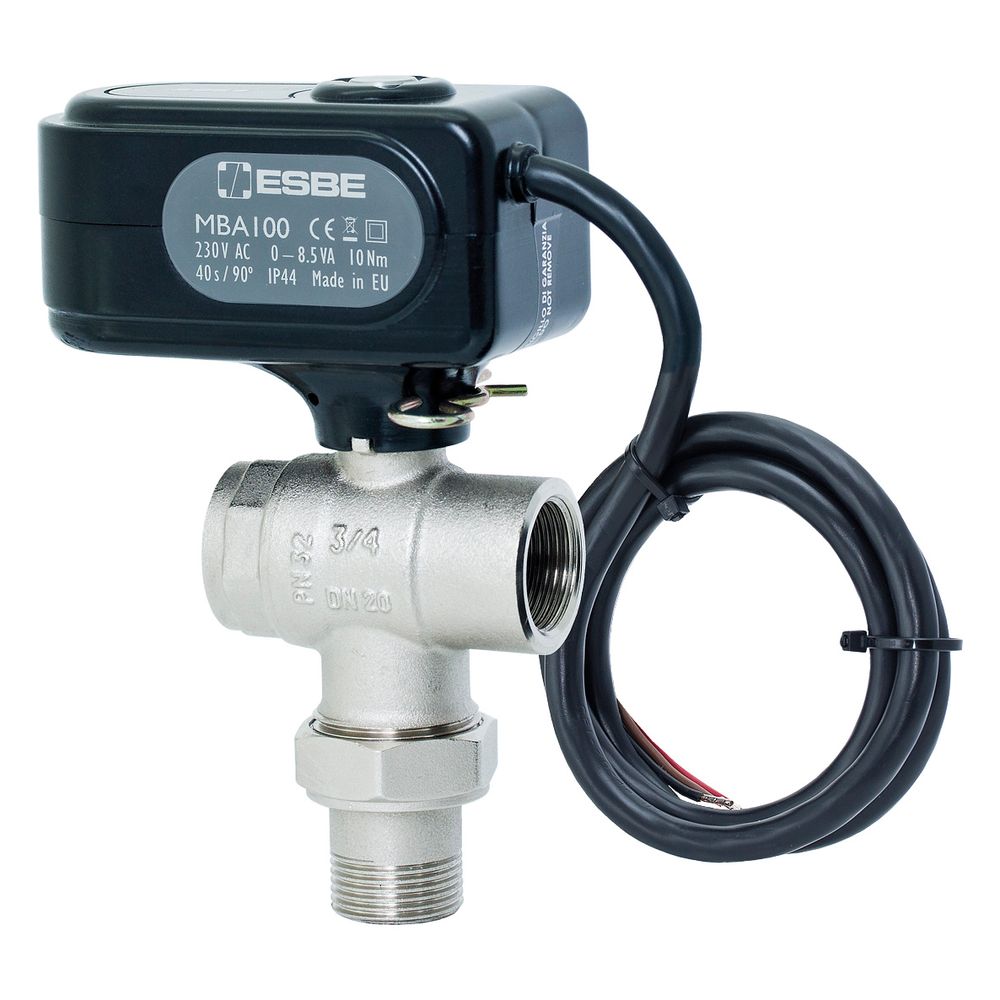 Robinet motorisé à bille Esbe MBA135 en tant que vanne de zone 3 voies 2 points, DN 25, Kvs 11,3, G 1" filetage intérieur/filetage extérieur, 230V, laiton plaqué
