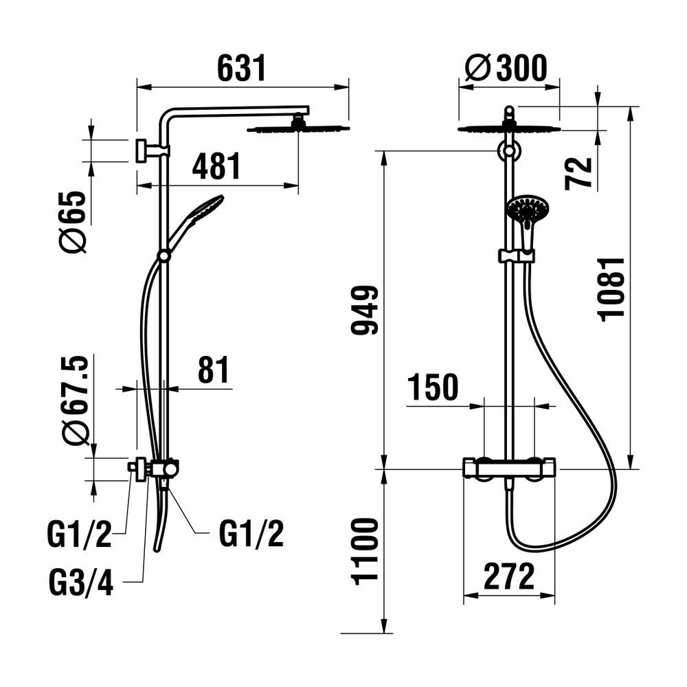Système de douche thermostatique LAUFEN Vivid, avec rangement, pommeau de pluie 300 mm, pommeau manuel et flexible 1600 mm, PVD, noir titane mat
