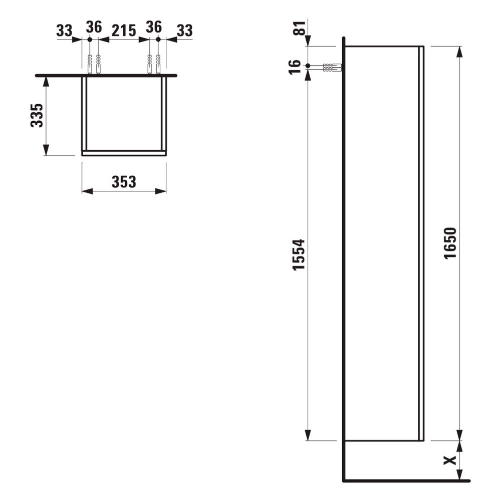 Laufen Meuble haut de salle de bain Juna 335x353x1650 mm, avec 1 porte ouverture à gauche, 4 étagères et poignée encastrée, gris trafic