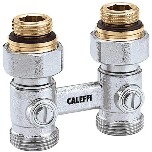 Bloc de robinet à deux tubes CALEFFI pour radiateur, passage, 1/2" AG x 3/4" AG avec nipple de réduction
