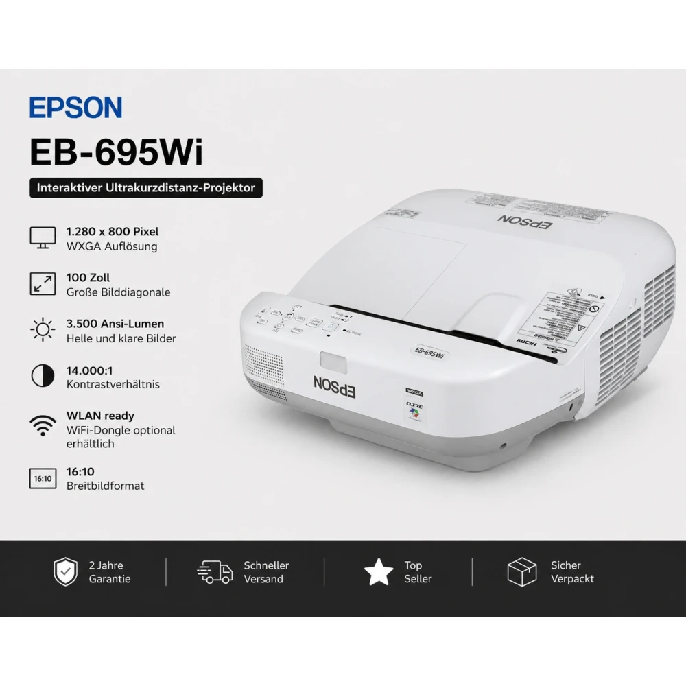 Vidéo-projecteur interactif Epson EB-695Wi 3500 lumens WXGA 1280x800, 16:10, HDMI, VGA, MHL, D-Sub, USB, LAN