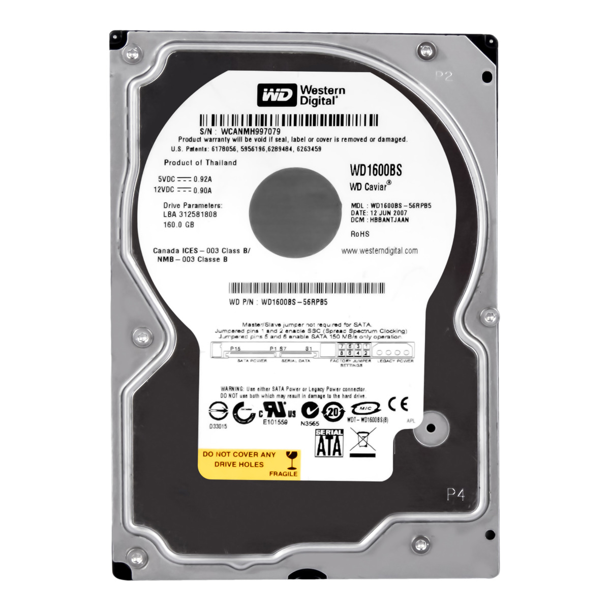 WD Caviar 160 Go 7,2K 2 Mo SATA II 3,5'' WD1600BS-56RPB5