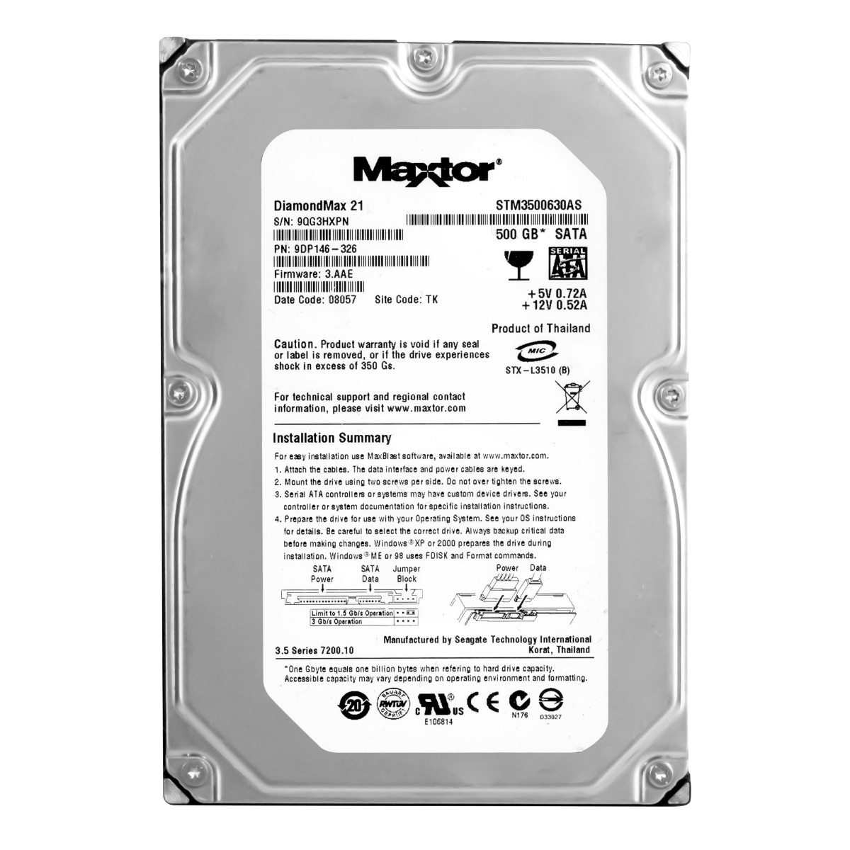 MAXTOR DiamondMax 21 500 Go 7 200 tr/min 16 Mo SATA II 3,5'' STM3500630AS