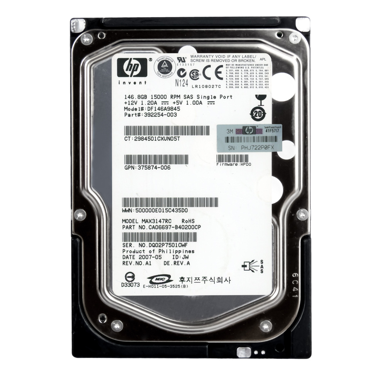 Disque dur HP 392254-003 146 Go 15 000 tr/min 8 Mo SAS 3,5'' DF146A9845