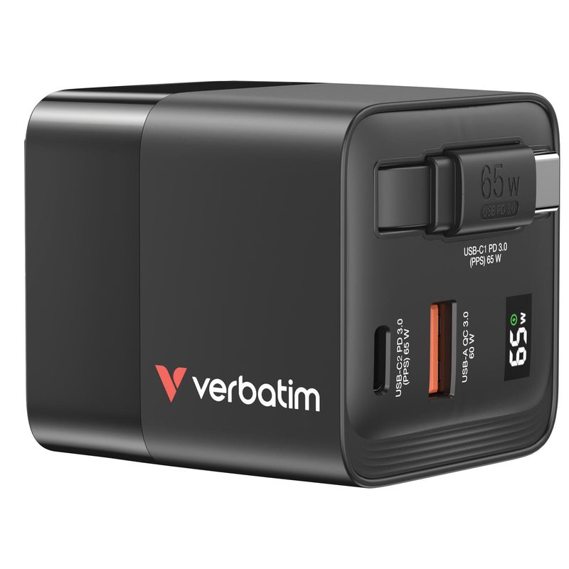 verbatim 65W chargeur GaN USB-A, USB-C avec câble rétractable, noir