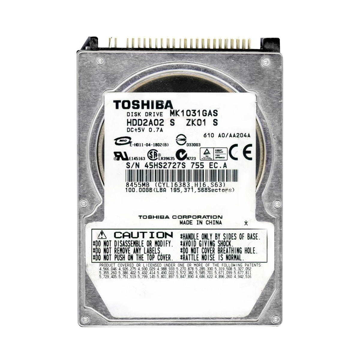 TOSHIBA Disque dur 100 Go 4200 tr/min 8 Mo ATA 2,5'' MK1031GAS