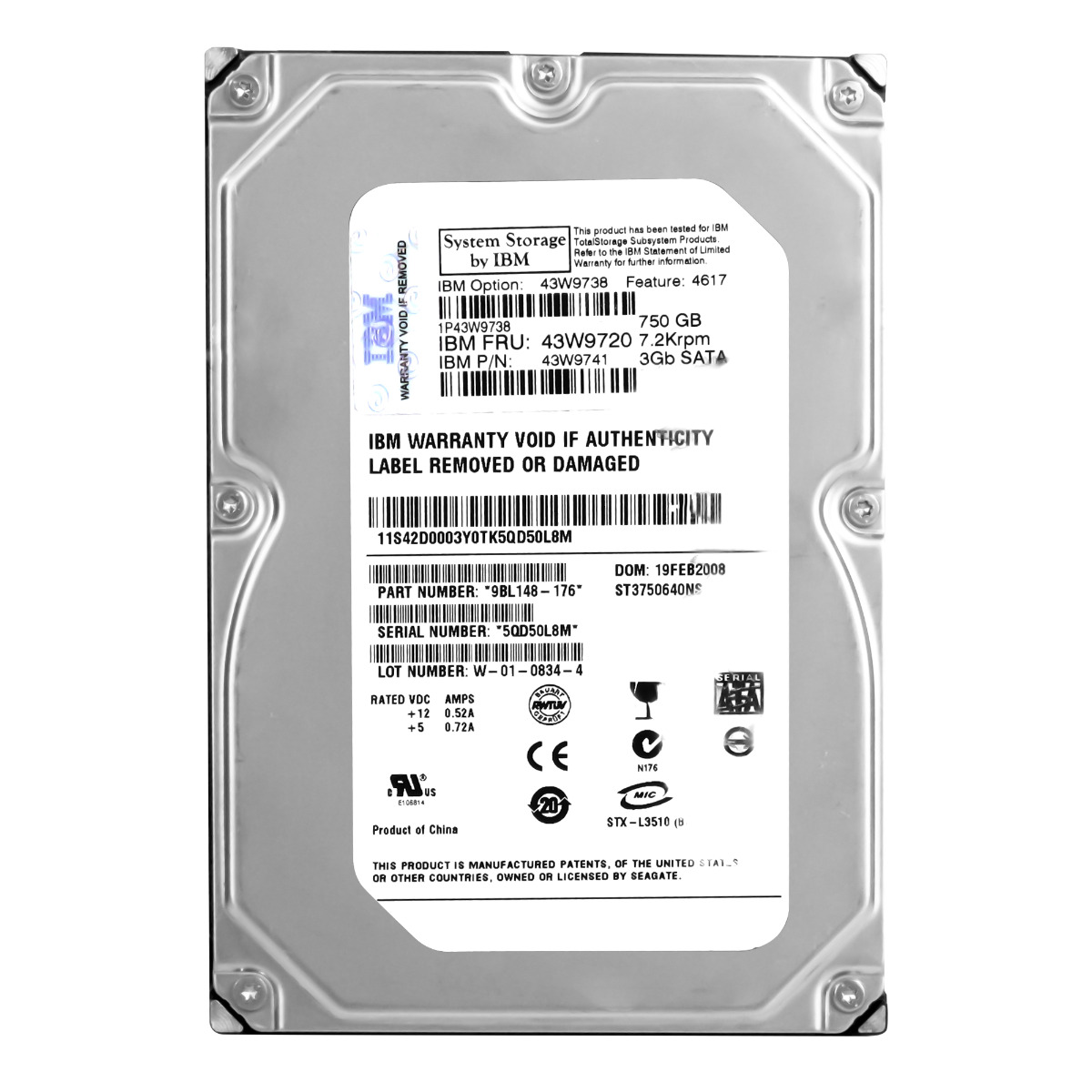 IBM 43W9720 43W9741 Disque dur SATA II 750 Go 7,2K 16 Mo 3,5'' ST3750640NS