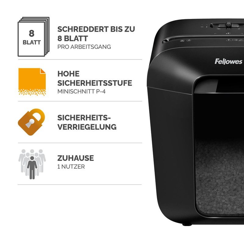 Destructeur Fellowes Powershred LX41 avec coupe en particules jusqu'à 8 feuilles noir