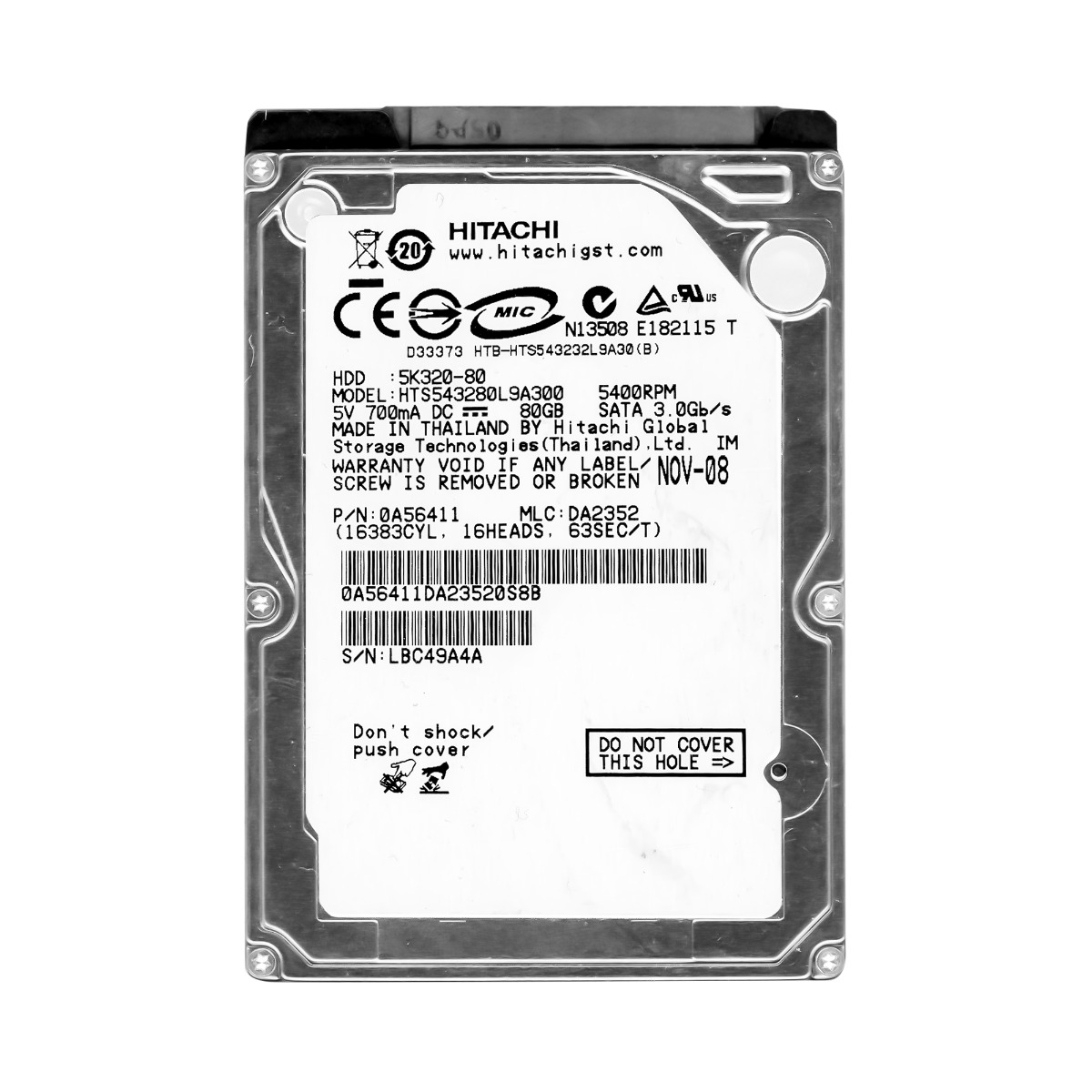 HITACHI TravelStar 5K320 80 Go 5 400 tr/min 8 Mo SATA II 2,5'' HTS543280L9A300