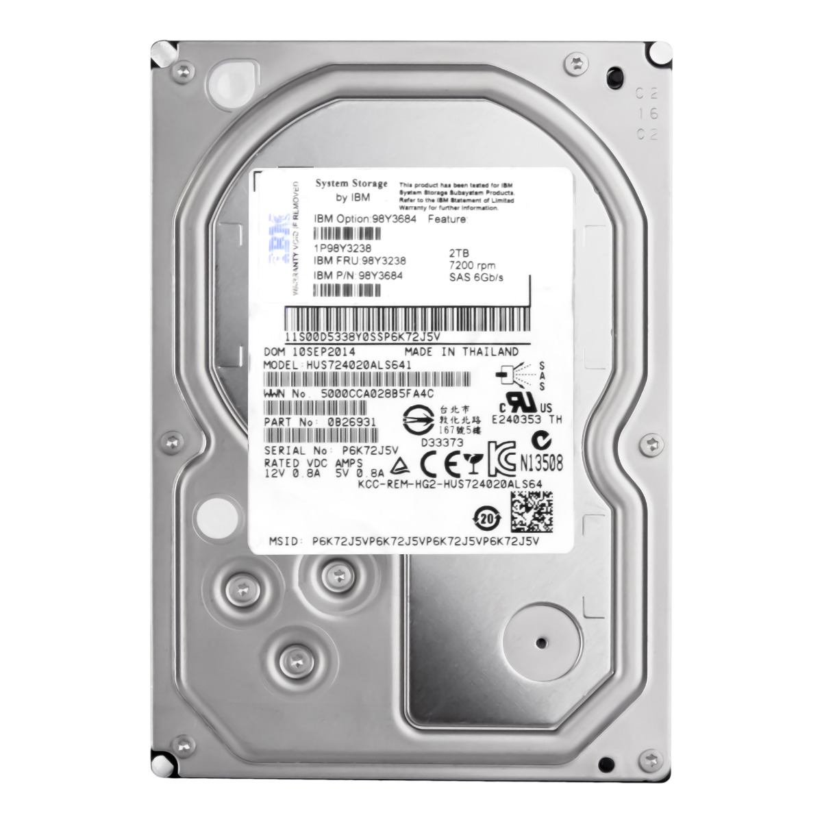 IBM 98Y3238 98Y3684 2 To 7,2K 64 Mo SAS-2 3,5'' HUS724020ALS641