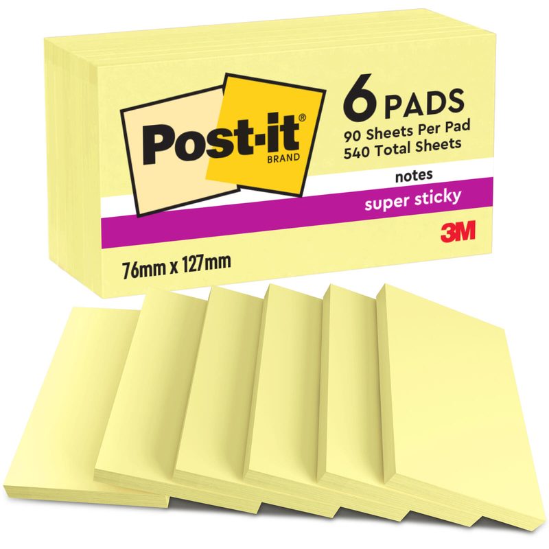 Post-it® Notes repositionnables Super Sticky, jaune, 90 feuilles 1 boîte = 6 blocs