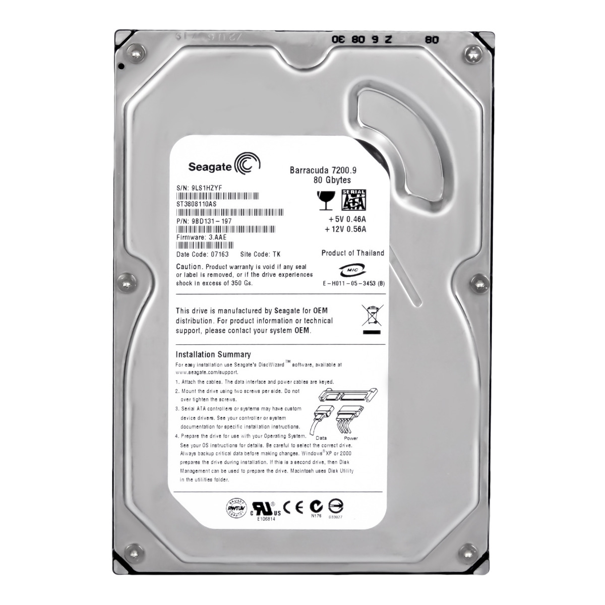 Disque dur SEAGATE BARRACUDA 80 Go 7 200 tr/min 8 Mo SATA II 3,5 pouces ST3808110AS