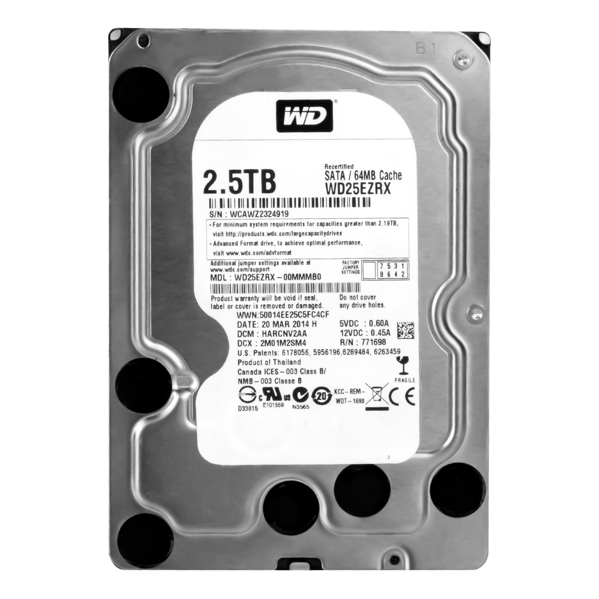 Disque dur WD Caviar Green 2,5 To 5400 tr/min 64 Mo SATA III 3,5" WD25EZRX